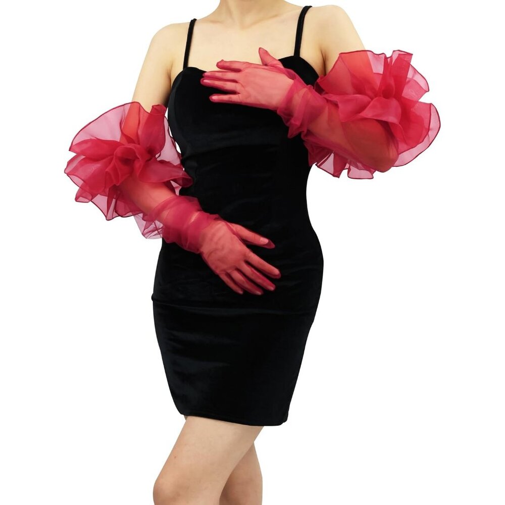 Women's Ruffle Burgundy Tulle Puff Mesh Sheer Long Sleeve Gloves Cocktail Prom